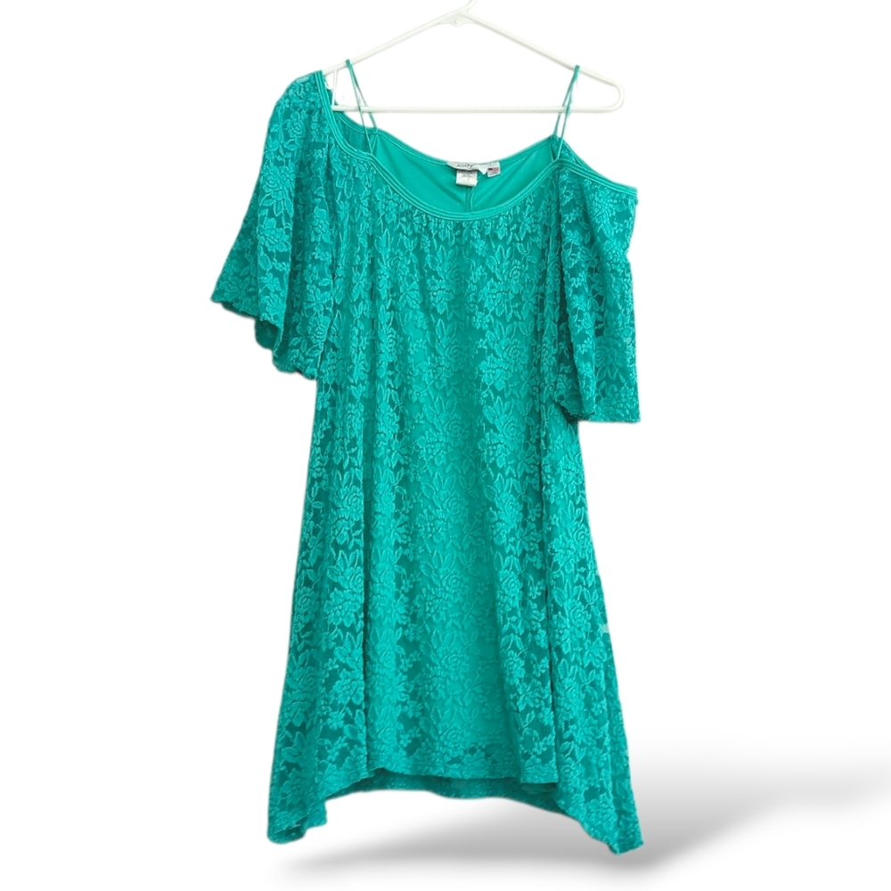 Jody California Turquoise Lace Off-Shoulder Dress Asymmetrical Flowy Boho Date L